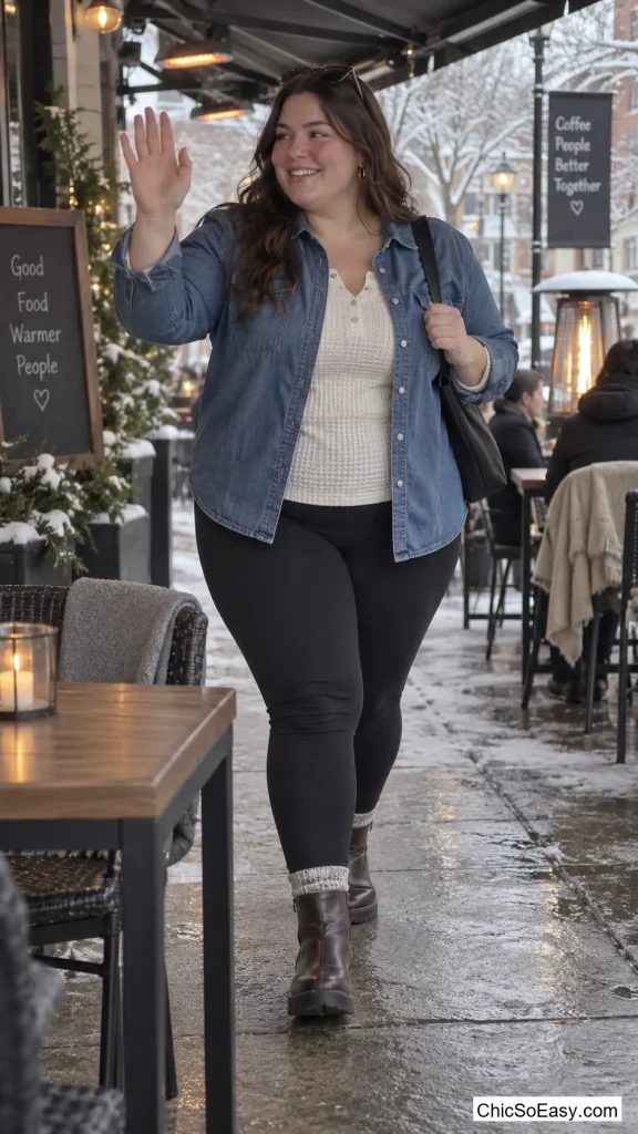 Denim Overshirt Over a Thermal Top with Leggings