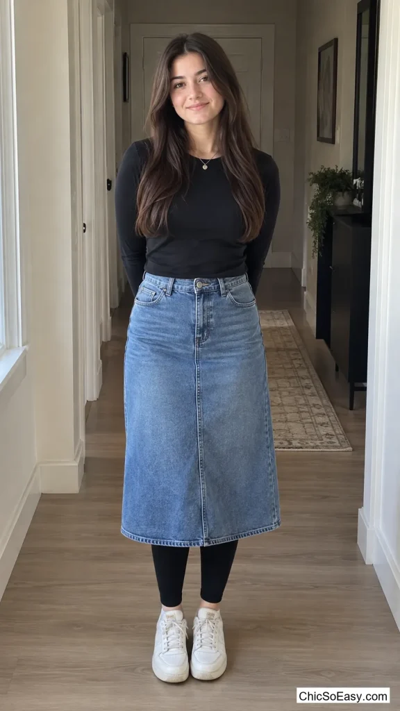 Denim Skirt Over Leggings