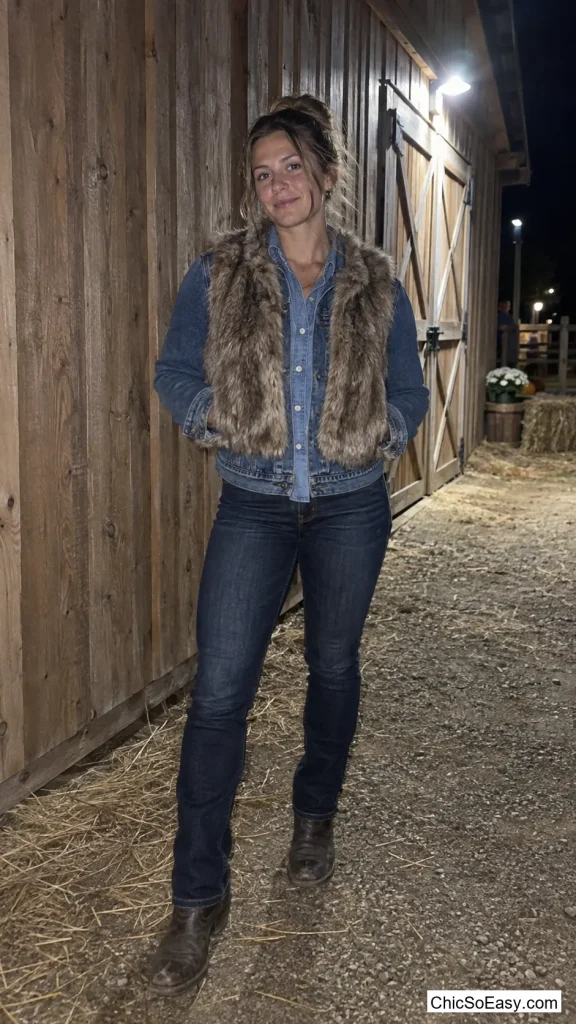 Denim-on-Denim With a Faux Fur Vest