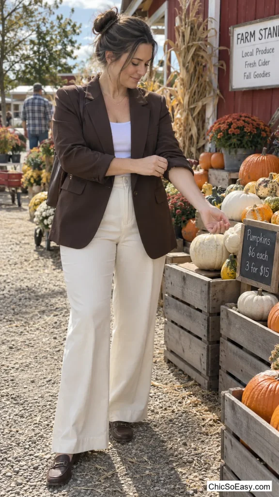 Ecru Trousers With a Brown Blazer