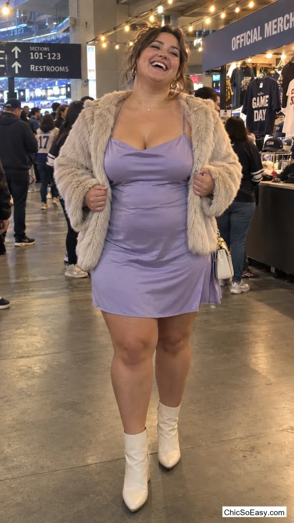Faux Fur Coat Over a Lavender Slip Dress
