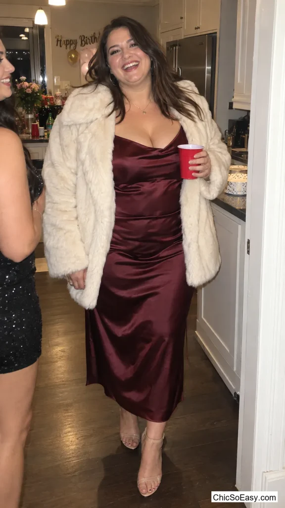 Faux Fur Coat Over a Slim Slip Dress