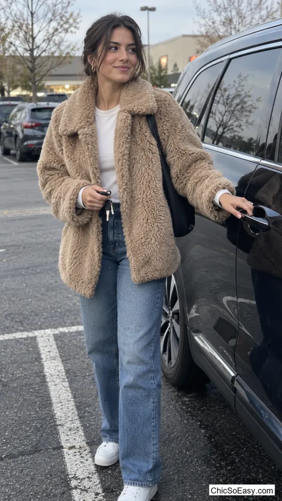 Faux Fur Teddy Coat Over Jeans and a Tee