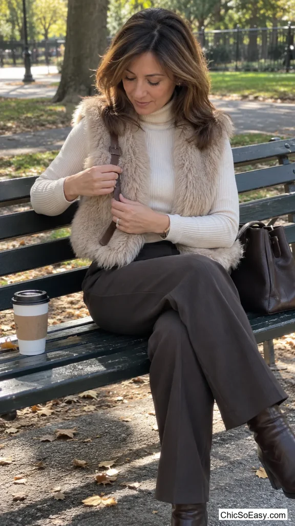 Faux Fur Vest Over a Turtleneck