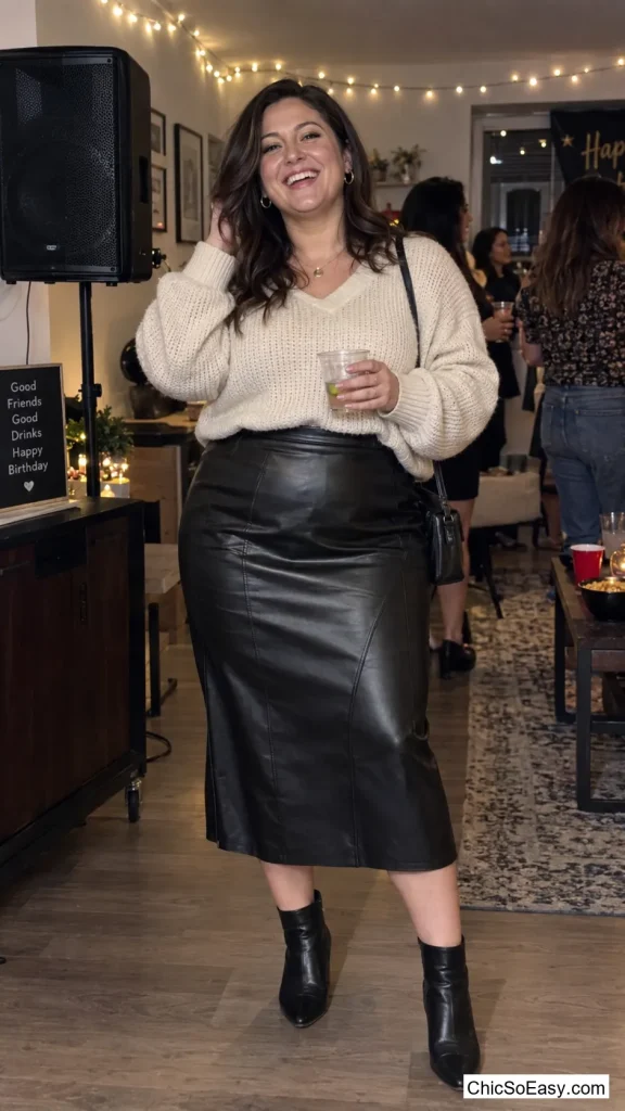 Faux Leather Skirt With an Oversized Knit and Ankle Boots