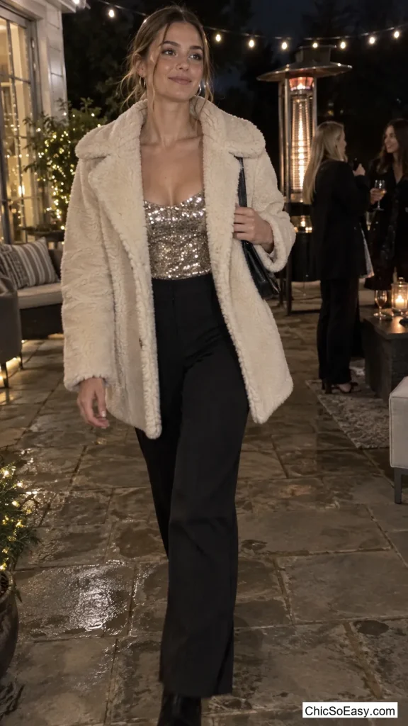 Faux Shearling Coat Left Open Over a Sequin Cami