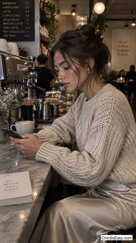 Fisherman Sweater Tucked into a Satin Slip Skirt