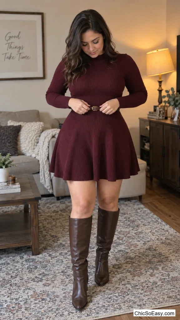Fit-and-Flare Sweater Dress With Knee-High Boots