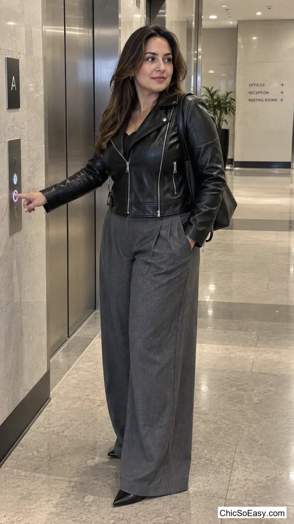 Fitted Moto Jacket Over Wide-Leg Trousers