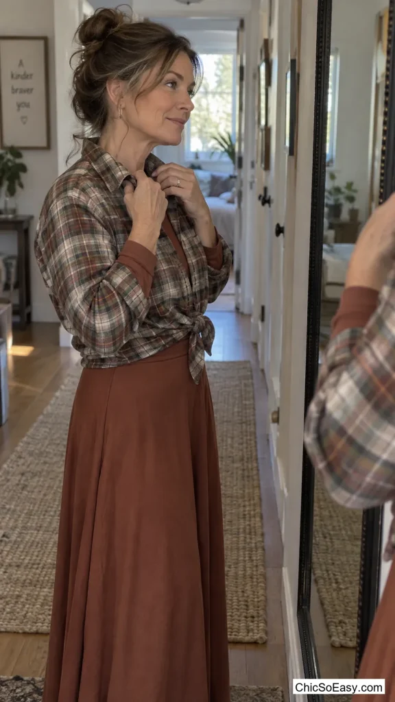 Flannel Button-Up Knotted Over a Long Skirt