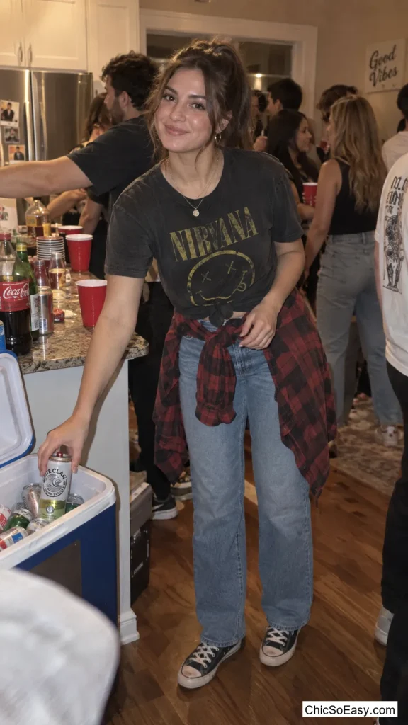 Flannel Knotted Over a Band Tee