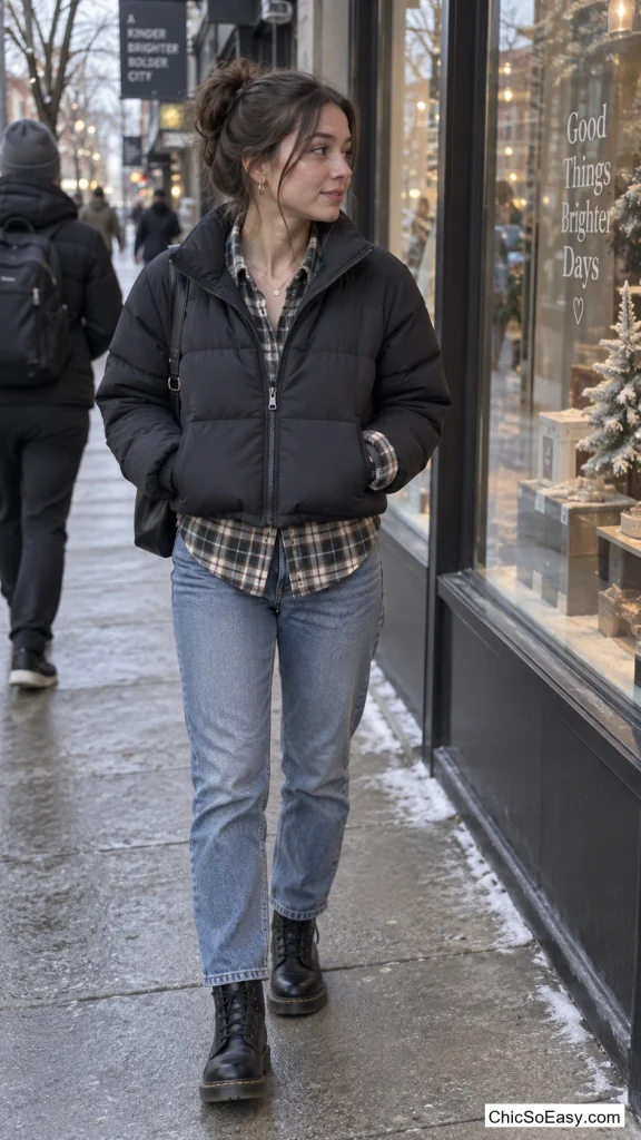 Flannel Peeking Under a Cropped Puffer