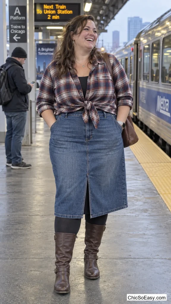 Fleece-Lined Leggings Under a Denim Skirt