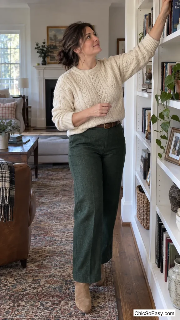Forest Green Trousers and Cream Sweater