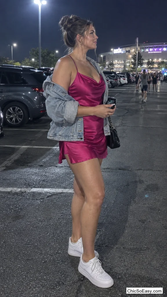 Fuchsia Satin Slip and Denim Jacket