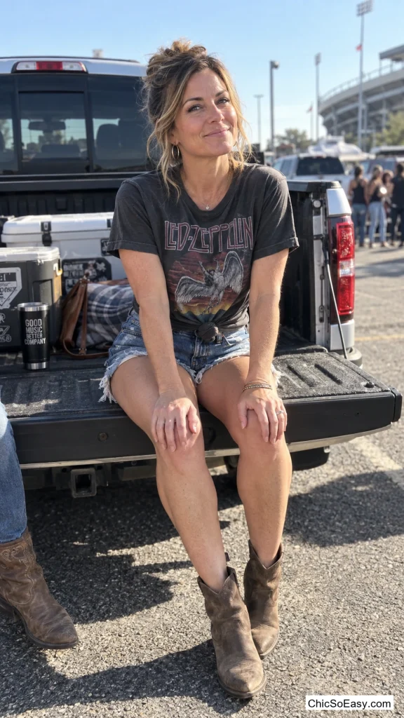 Graphic Band Tee Over Denim Cutoffs