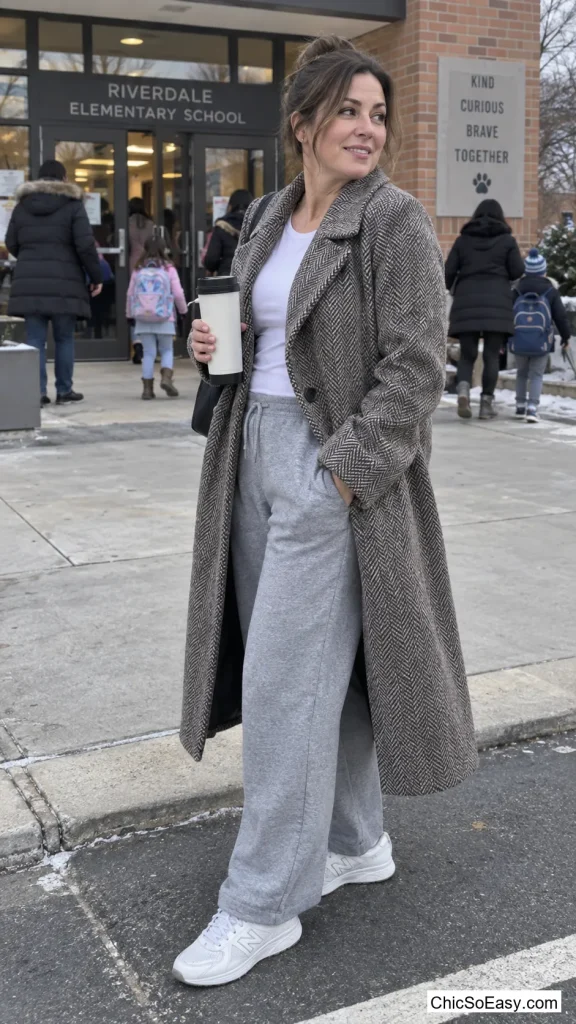 Herringbone Coat Over Sweatpants