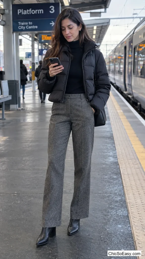 Herringbone Trousers With a Cropped Puffer