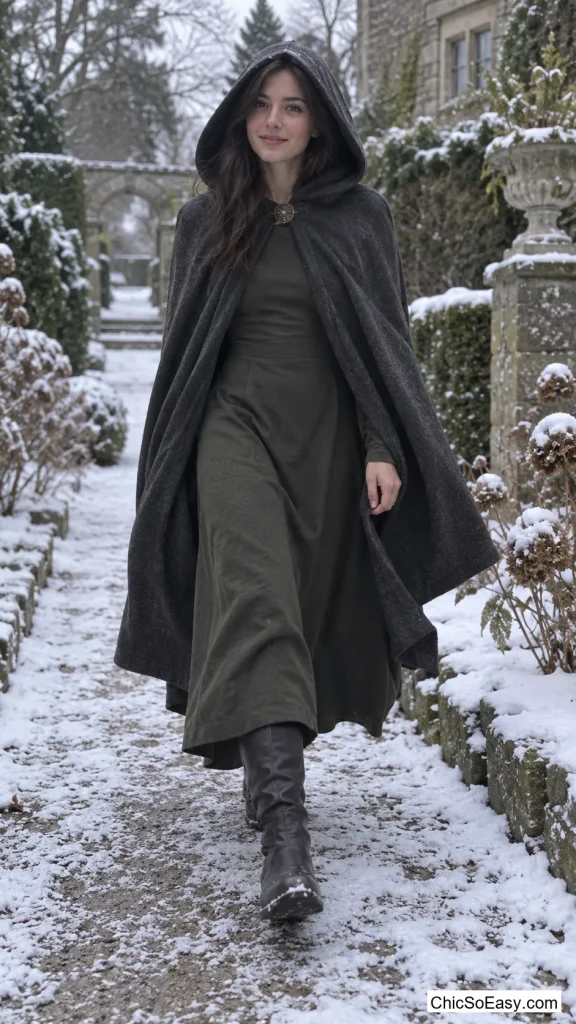 Hooded Wool Cape Over a Simple Midi Dress
