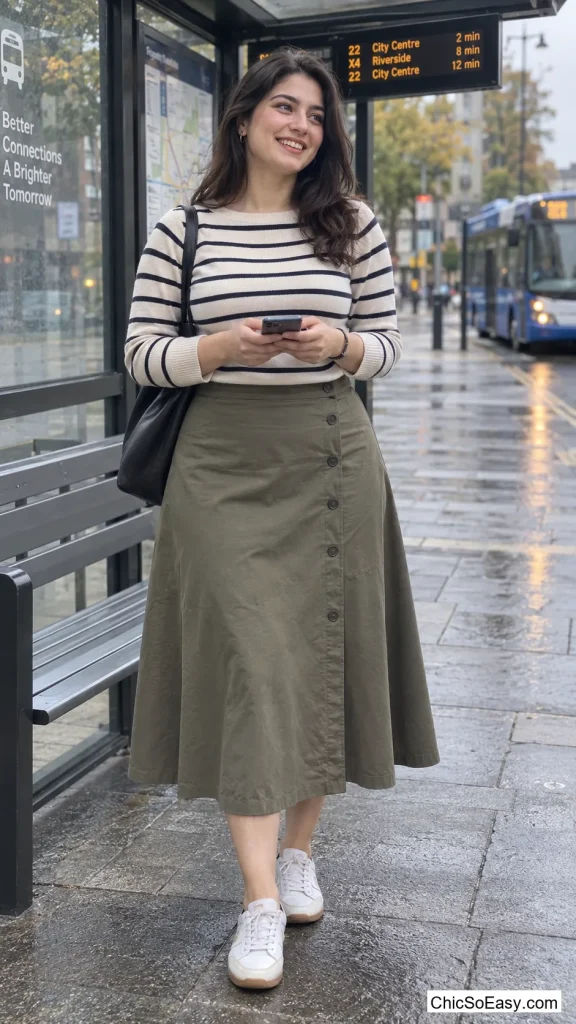 Horizontal-Stripe Boatneck With an A-Line Midi Skirt