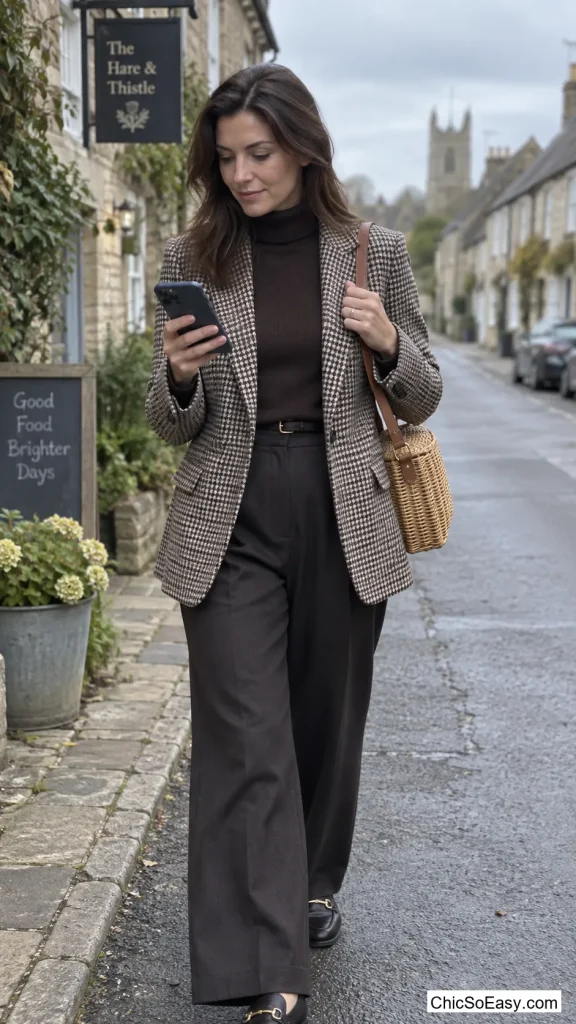 Houndstooth Blazer Layered Over a Turtleneck for a Countryside Office Look