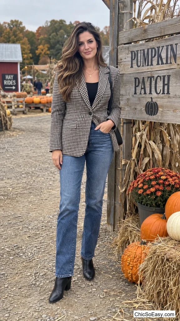 Houndstooth Blazer With Straight-Leg Jeans