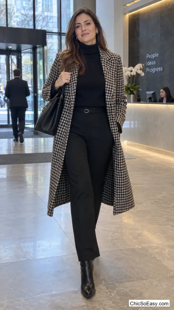 Houndstooth Coat Over an All-Black Base