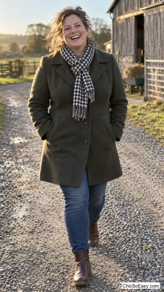 Houndstooth Scarf Over a Wool Coat