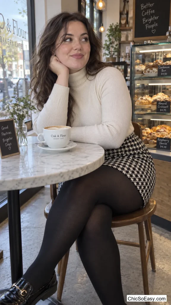 Houndstooth Wool Skirt with a Cream Turtleneck