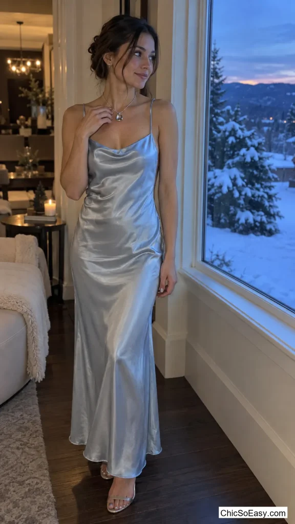 Ice-Blue Slip Dress with a Silver Statement Necklace