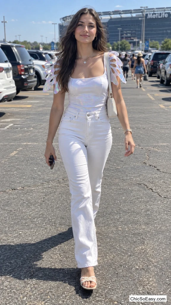 Iridescent Butterfly-Sleeve Top With White Jeans