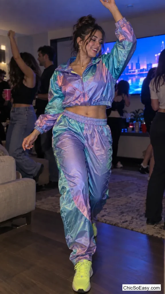 Iridescent Windbreaker Set with Neon Sneakers