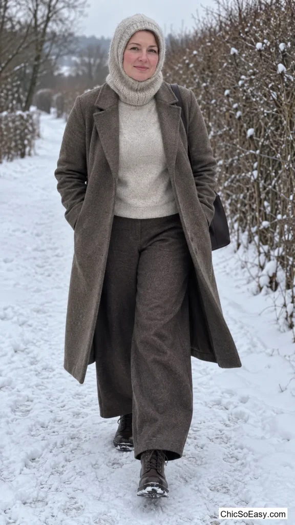 Knit Balaclava Hood Paired with a Simple Wool Coat for Deep-Winter Walks