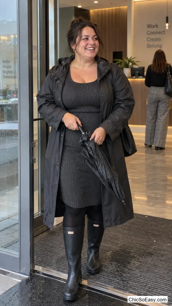 Knit Dress Under a Long Raincoat