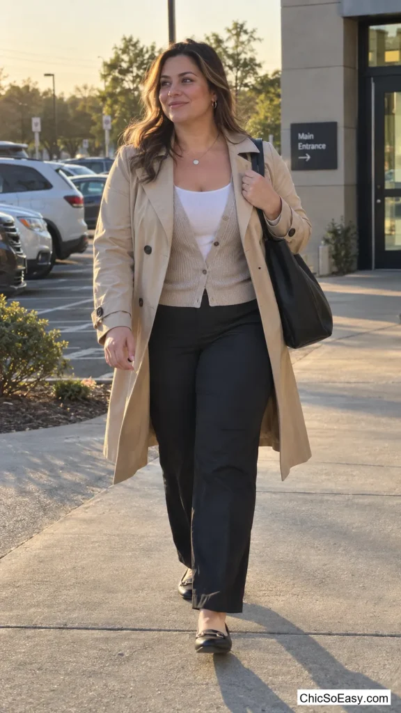 Lightweight Trench Over a Tank-and-Cardigan Layer