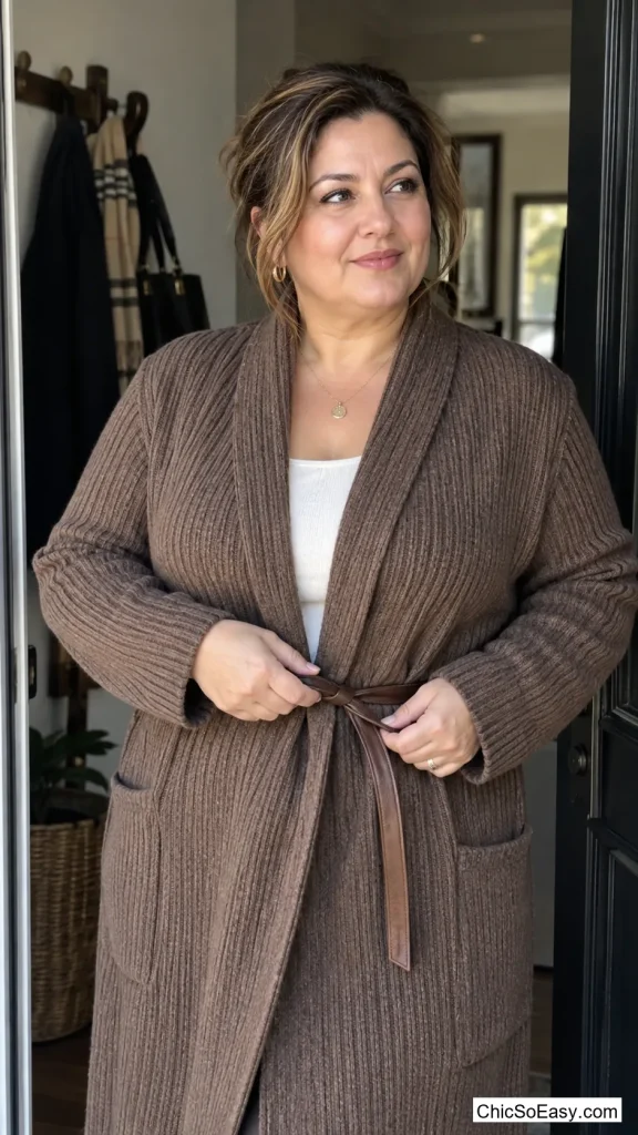 Long Cardigan Coat With a Leather Belt