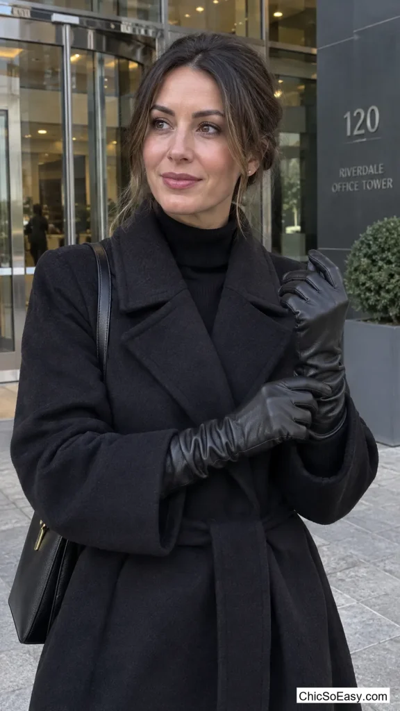 Long Leather Gloves Layered Over Coat Sleeves