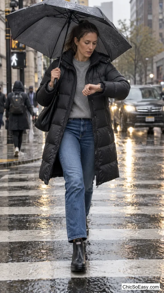 Long Puffer With Straight-Leg Jeans