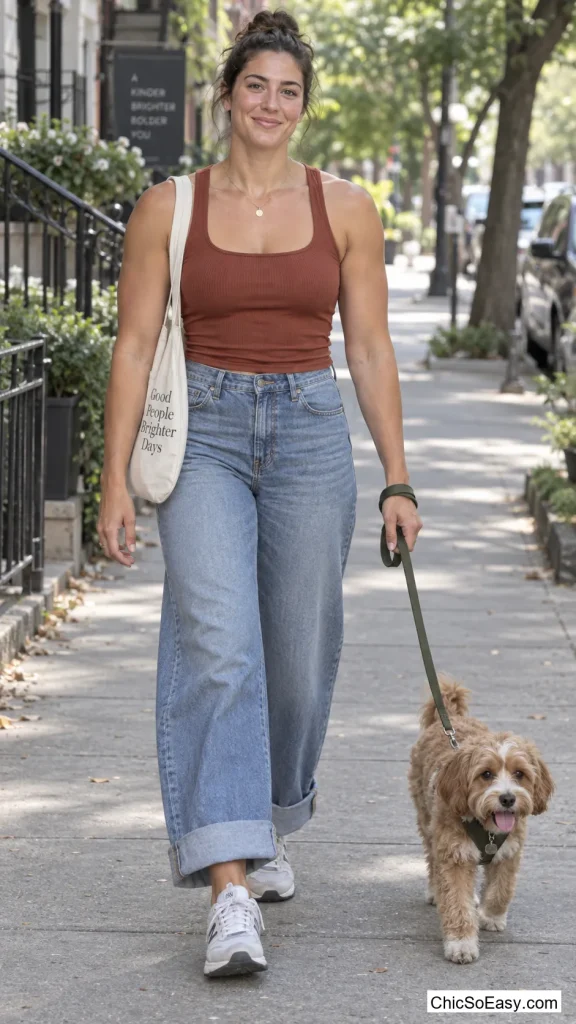 Mesh Sneakers with Cuffed Wide-Leg Jeans