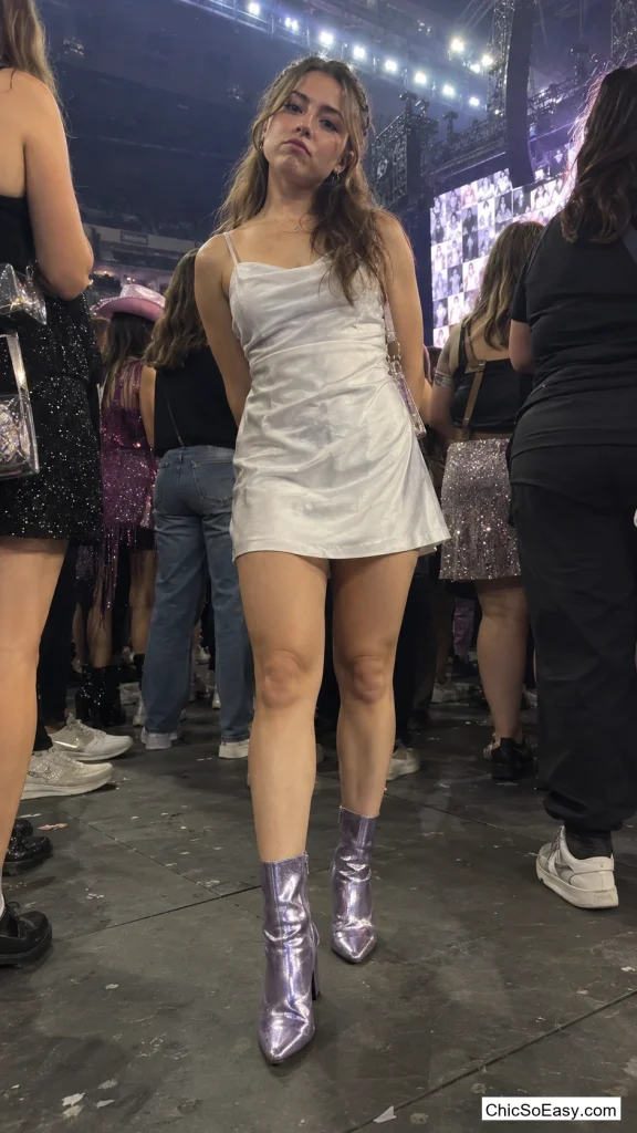 Metallic Lilac Boots With a Plain White Dress