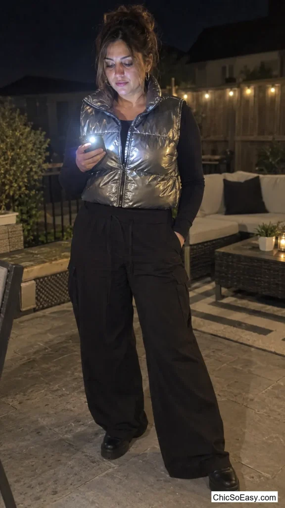 Metallic Puffer Vest with Platform Boots