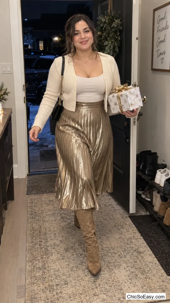 Metallic Skirt With a Cropped Cardigan and Knee-High Boots
