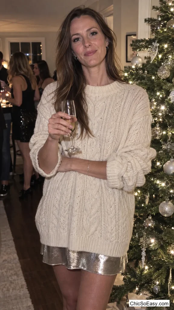 Metallic Slip Dress Layered Under a Cable-Knit Sweater