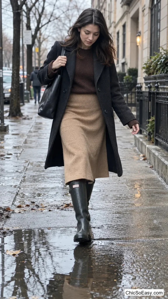 Midi Skirt Over Tall Rain Boots