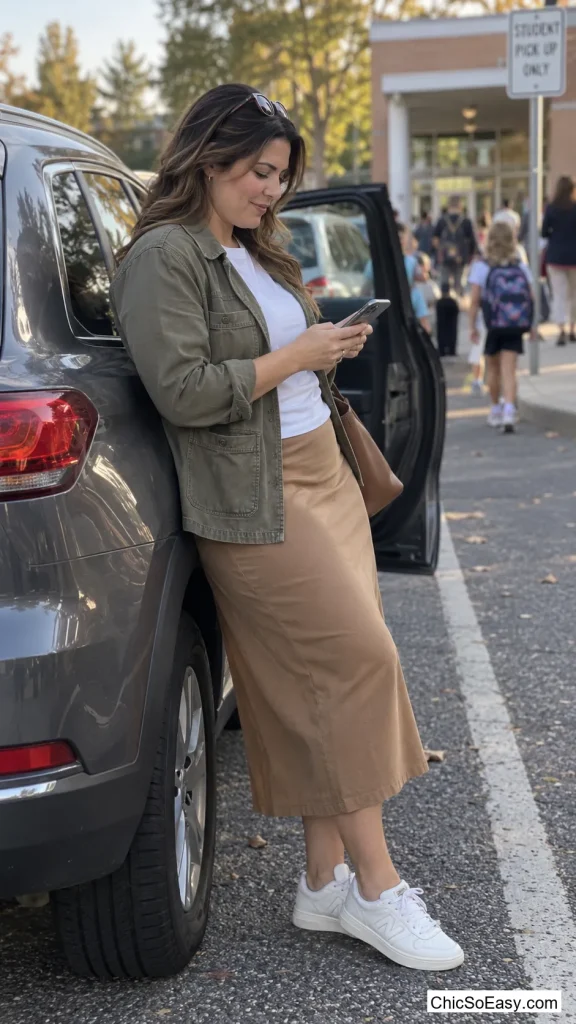 Midi Skirt With White Sneakers and the Chore Jacket