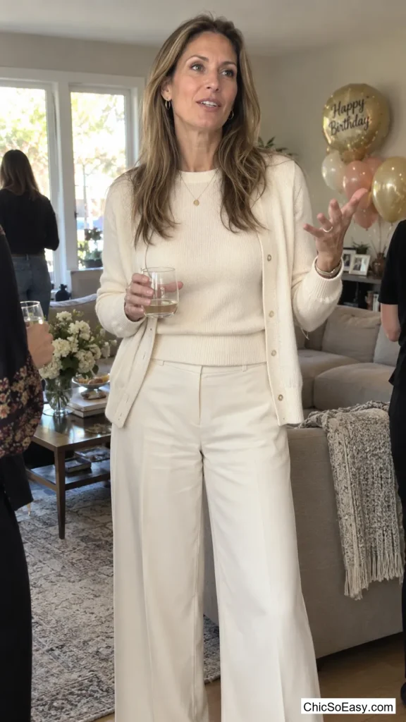 Monochrome Cream Sweater Set With Wide-Leg Pants