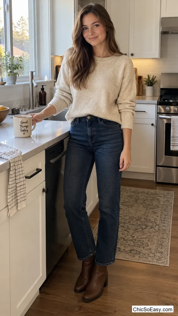 Oatmeal Crewneck Over Straight Dark Denim