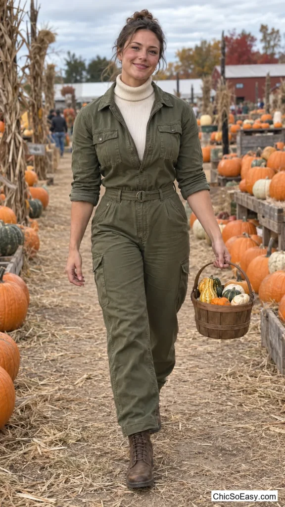 Olive Utility Jumpsuit Over a Turtleneck