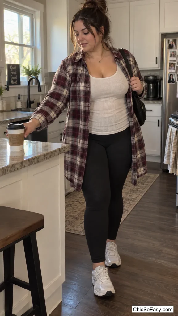Open Flannel Shirt Dress Over a Thermal Tank and Leggings