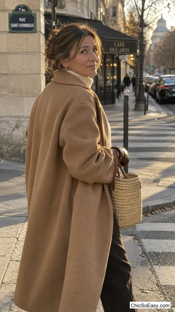 Oversized Camel Coat with a Basket Bag and Leather Gloves